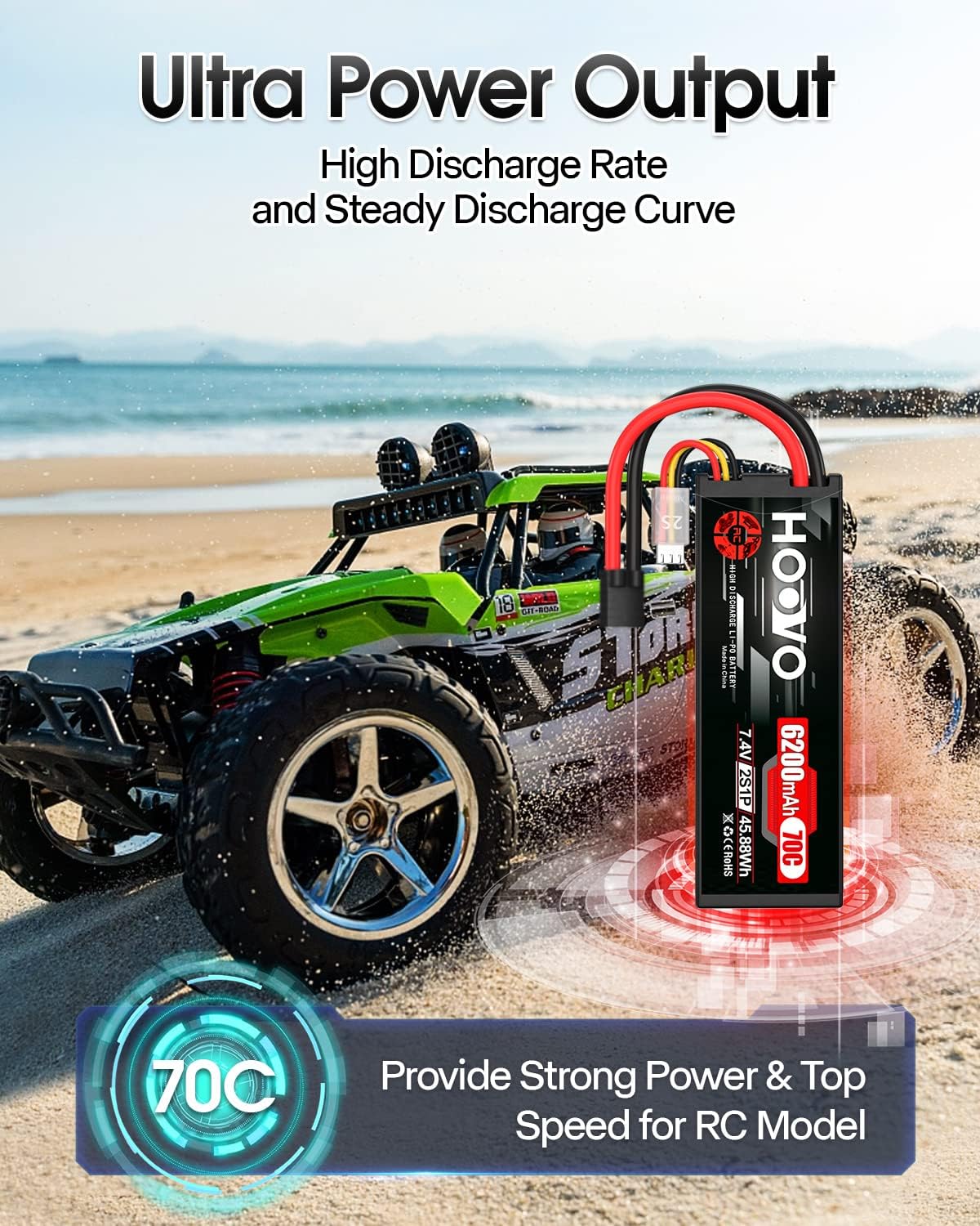 HOOVO 7.4V 70C 6200mAh 2S Lipo Batería Estuche Duro con Enchufe Tracxas (2