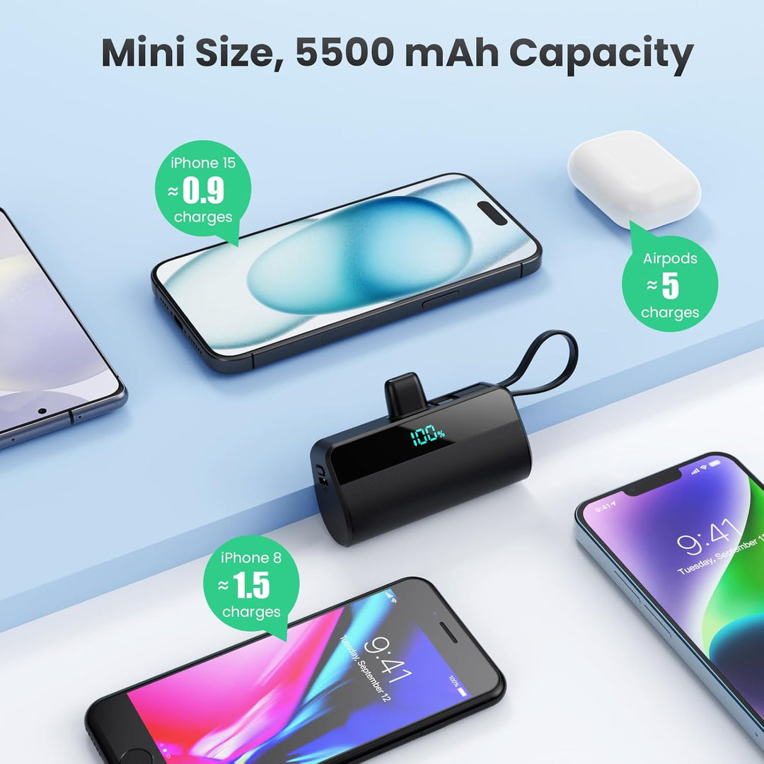 Cargador portátil mini para iPhone con cable USB C incorporado, bat...