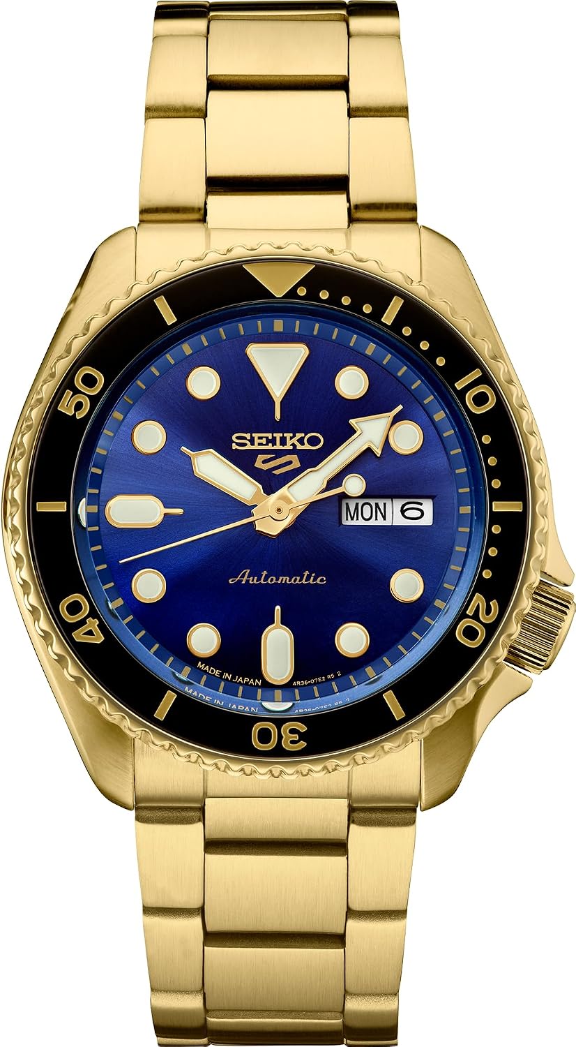SEIKO Reloj automático para hombre - Colección 5 Sports - Reloj deportivo para hombre con acabado dorado de acero inoxidable - Resistente al agua 100M