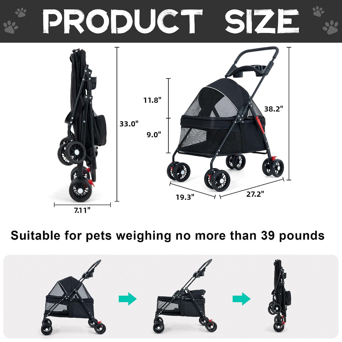 Cochecito plegable para mascotas con portavasos y freno