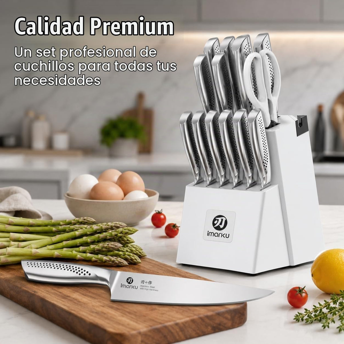 imarku Juego de cuchillos blancos de 15 piezas, acero inoxidable de alto