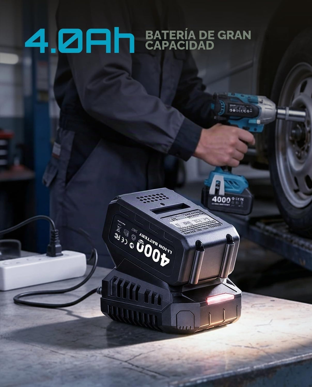 Seesii Llave de impacto inalámbrica de 3/8", pistola de impacto eléctrica con par máximo de 330 pies-libra (450 N.m), batería recargable de 4.0 Ah y 4 enchufes, llave de impacto eléctrica compacta