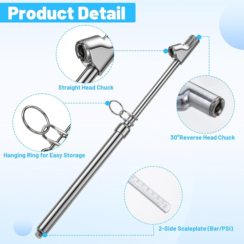Medidor de neumáticos de doble cabezal de 12 pulgadas, medidor de presión de aire resistente para auto, camión, automóvil, caravana, furgoneta, rango de 10-150 PSI (plateado)
