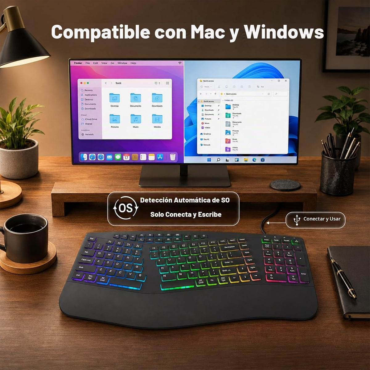 Teclado dividido ergonómico con cable con retroiluminación RGB y