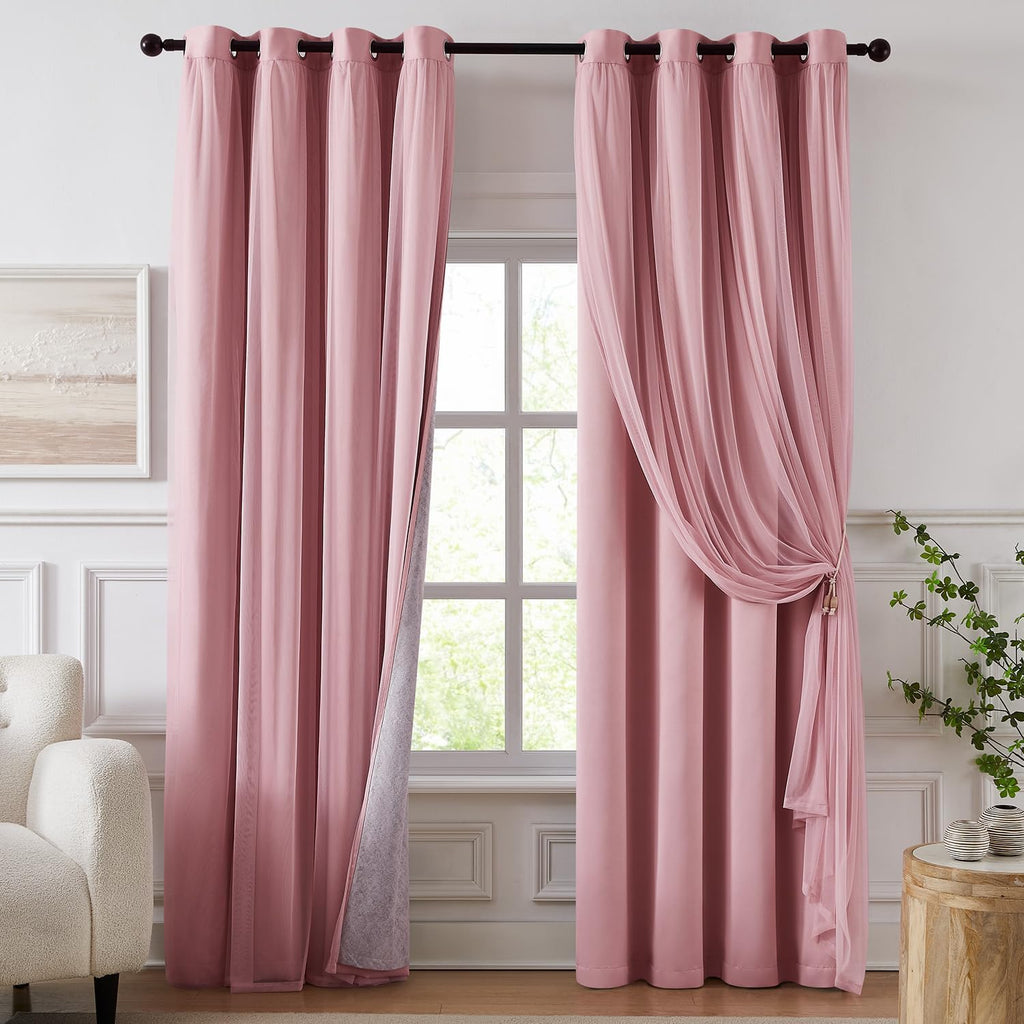 Cortinas 100% opacas para dormitorio, doble capa rosa