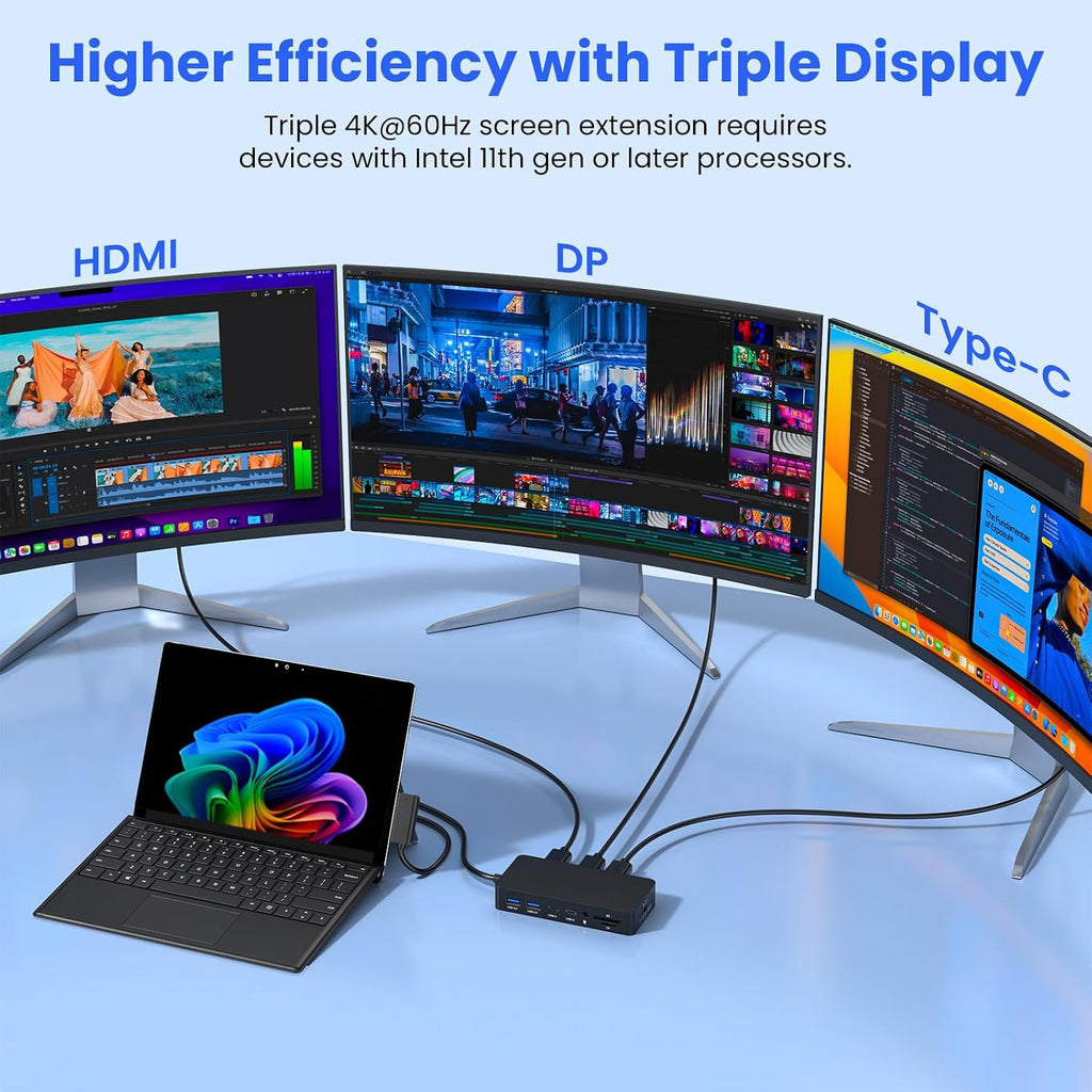 Estación de acoplamiento para superficie, pantalla triple 4K a 60Hz a través de HDMI, DP y USB C, 12 en 1 con adaptador de corriente de 120 W para Surface Laptop 5/4/3 y Surface Pro 11/10/9/8/7/X