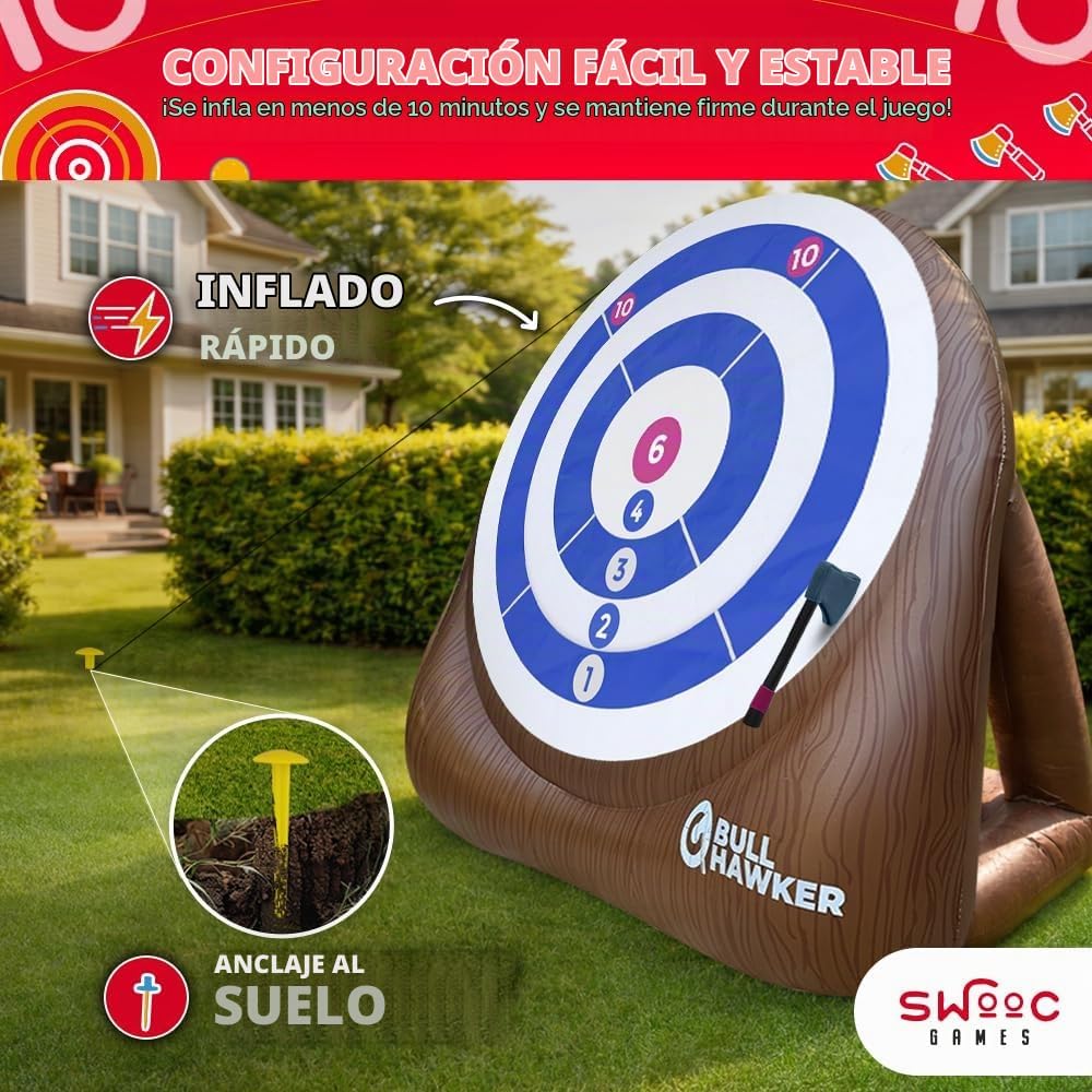 Swooc Games - Bull Hawker | Dardos de hacha gigante con más de 15 juegos | Juego de lanzamiento de hachas para patio trasero con bomba de aire | Juegos grandes al aire libre para adultos y familia |