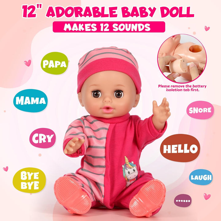 DRAMATION Juego de muñeca bebé de 12 pulgadas con cuna y silla alta...