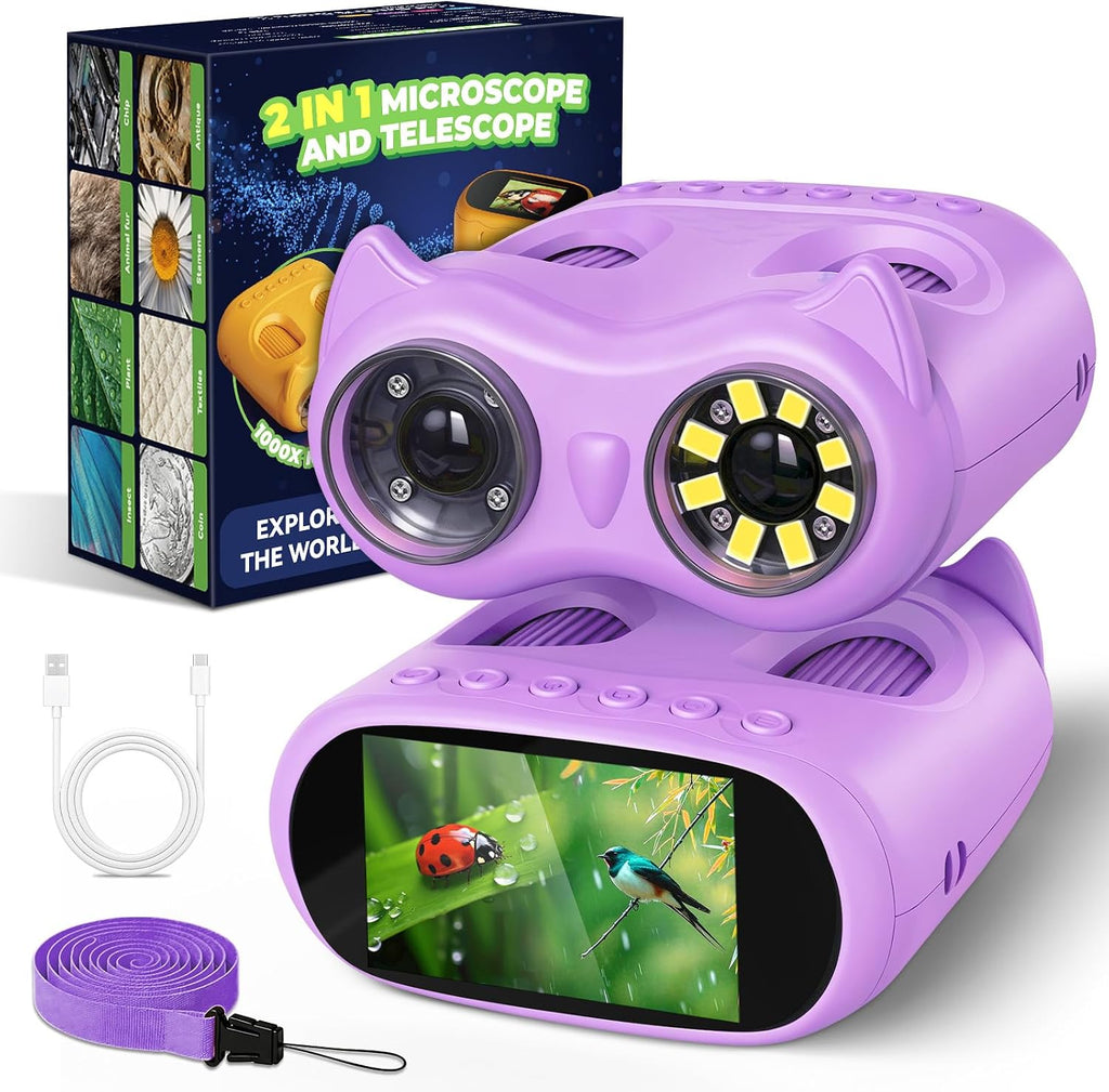 Microscopio de mano de 2.0 pulgadas para niños, microscopio digital de bolsillo 1000X 2 en 1 y telescopio 10X para niños, kits de ciencia, juguetes STEM, regalos para niños y niñas de 3, 4, 5