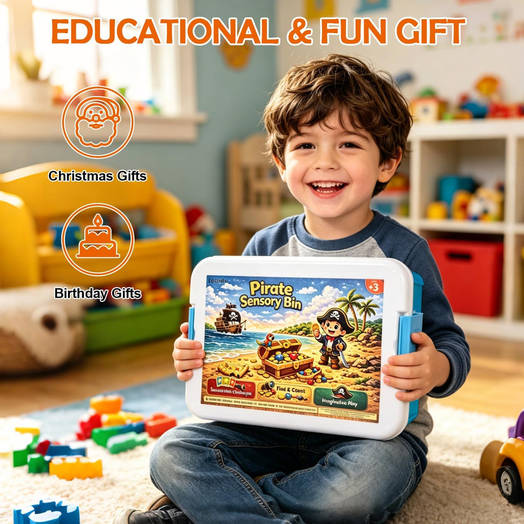 Cofre del tesoro pirata sensorial para niños con arena sensorial
