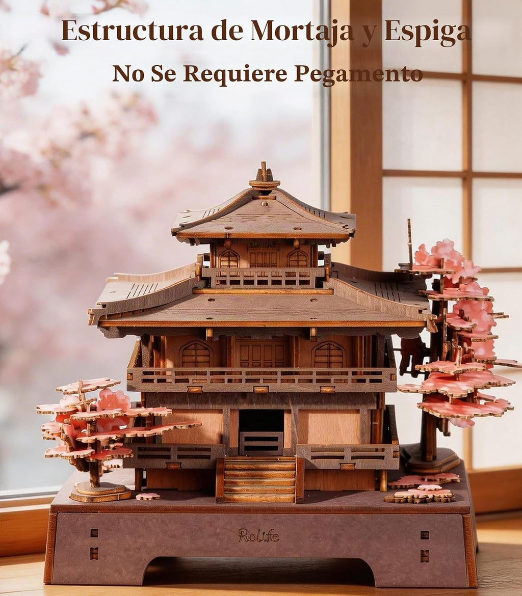 Rolife Rompecabezas de madera 3D Sakura Pavilion, modelo de arquitectura japonesa y kit de construcción de casas en miniatura para adultos, rompecabezas de madera de 235 piezas, decoración del hogar