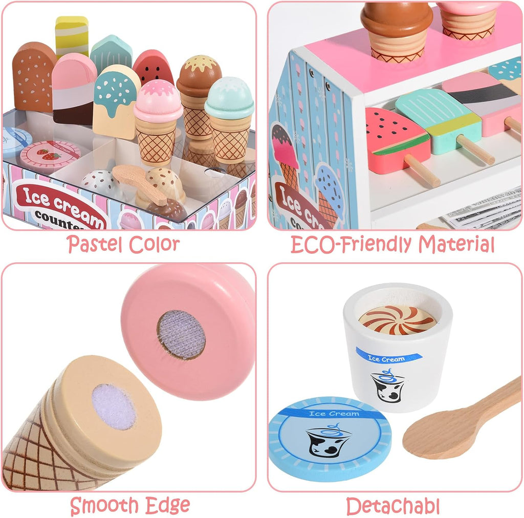 Juguetes de helado de madera para niños, tienda de juegos de cocina para niños pequeños, accesorios de cocina con cucharada, menú y dinero falso, juguetes de madera para cumpleaños de niños y niñas de 3, 4, 5 años