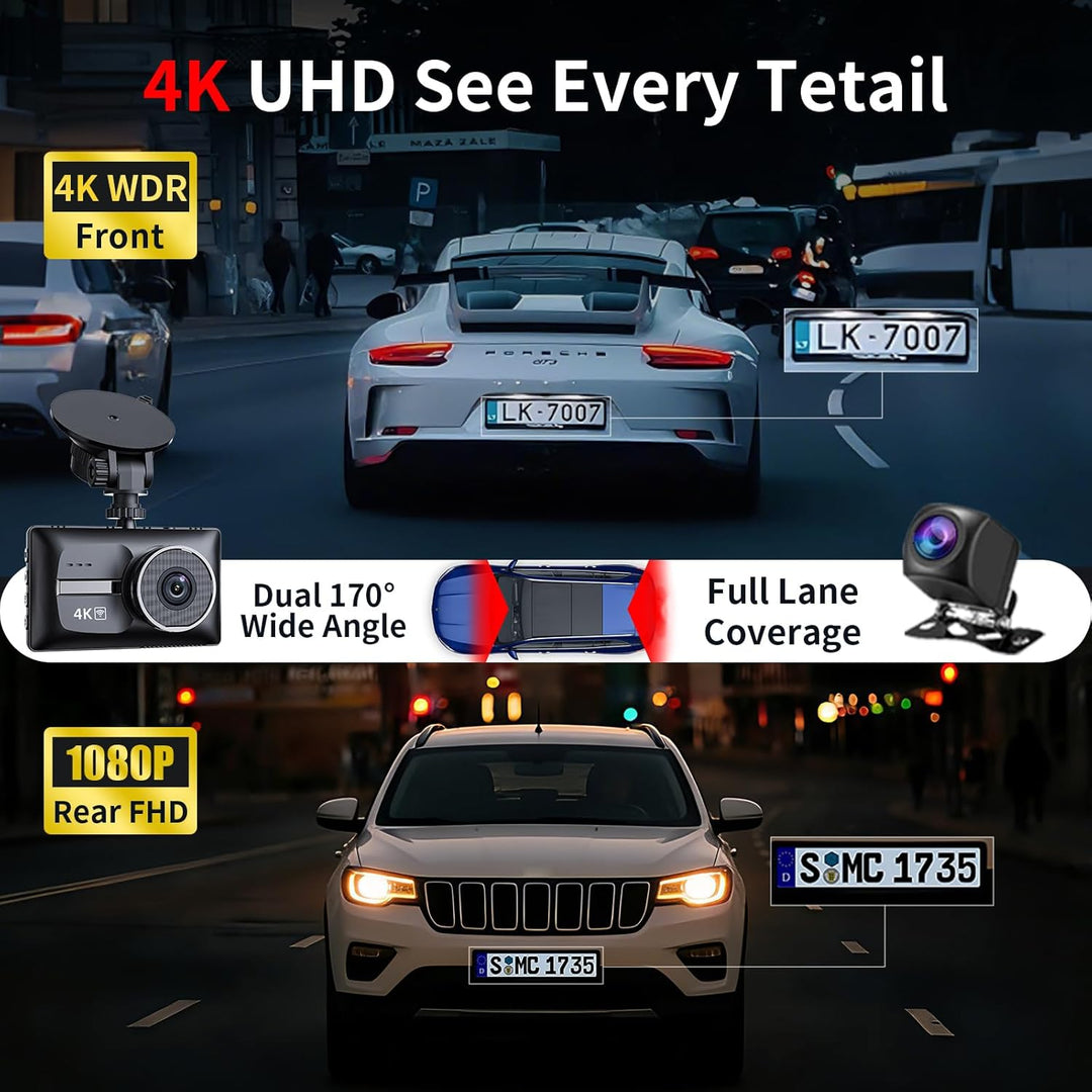 Cámara de tablero de auto dual delantera y trasera 4K