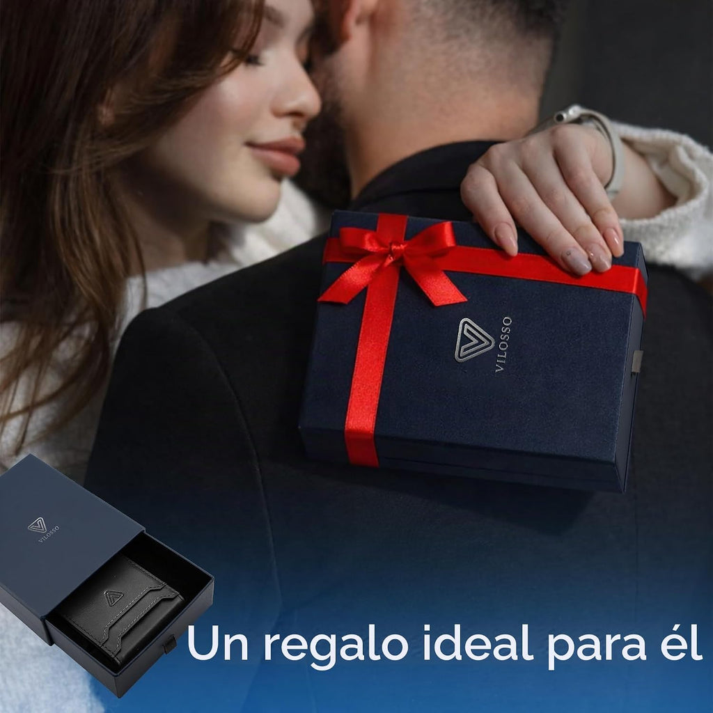 Cartera desplegable de cuero genuino para hombre, soporte delgado y plegable de aluminio con bloqueo RFID, con ventana de identificación, billetera minimalista con bolsillo frontal, con