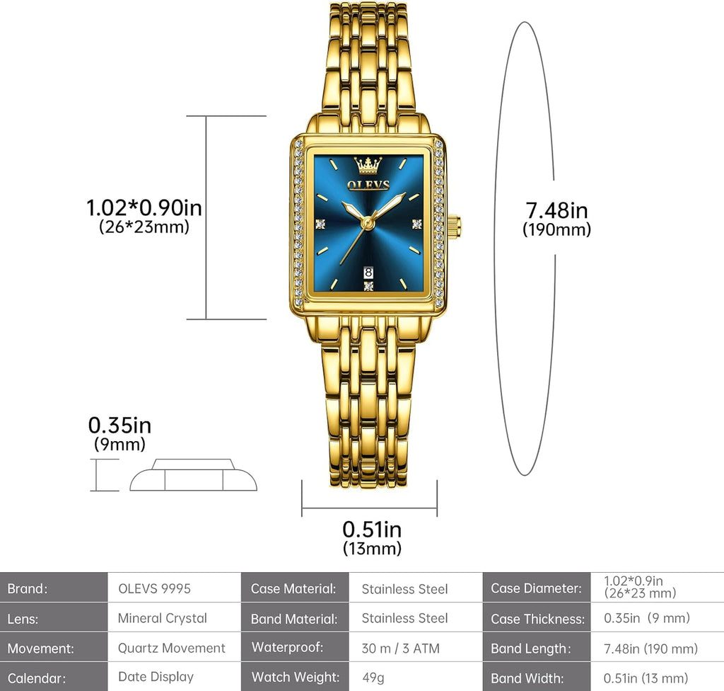 OLEVS Reloj de mujer de oro de acero inoxidable, reloj de cara cuadrada pequeña con decoración de diamantes, reloj de vestir de cuarzo analógico de lujo para mujer, reloj de pulsera impermeable con