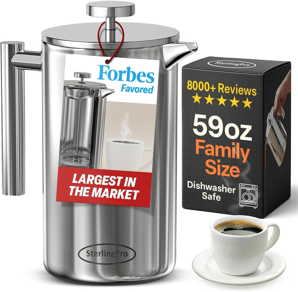 Prensa de café francesa de acero inoxidable y doble pared de SterlingPro., Acero inoxidable, acabado de espejo, 2L