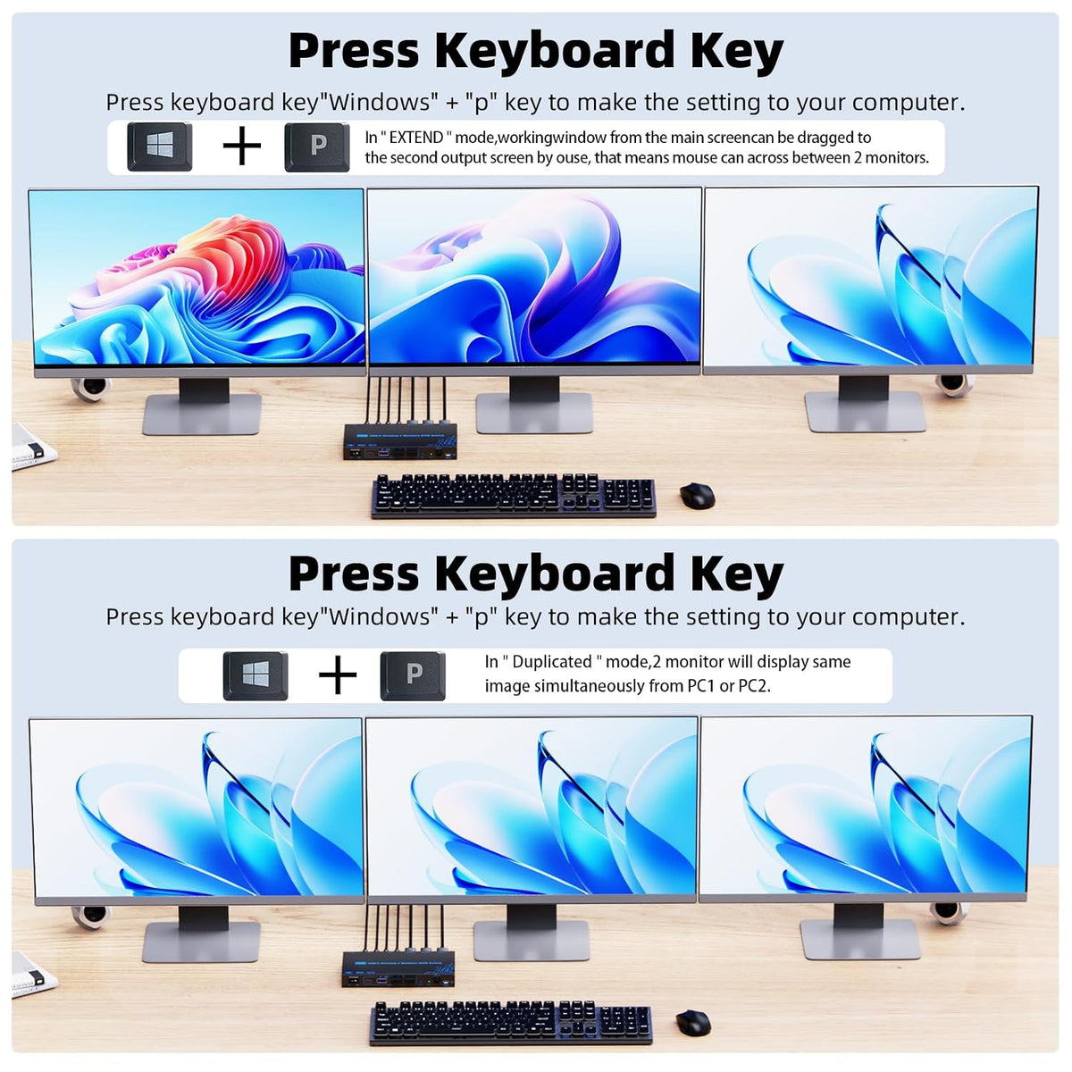 KVM Switch 2 Laptops 3 Monitores, 4K @60Hz Dual USB-C Docking KVM Switcher USB C Triple Monitor Switcher con carga PD para 2 computadoras, 3 pantallas-2 HDMI + 1 DP, no requiere controlador