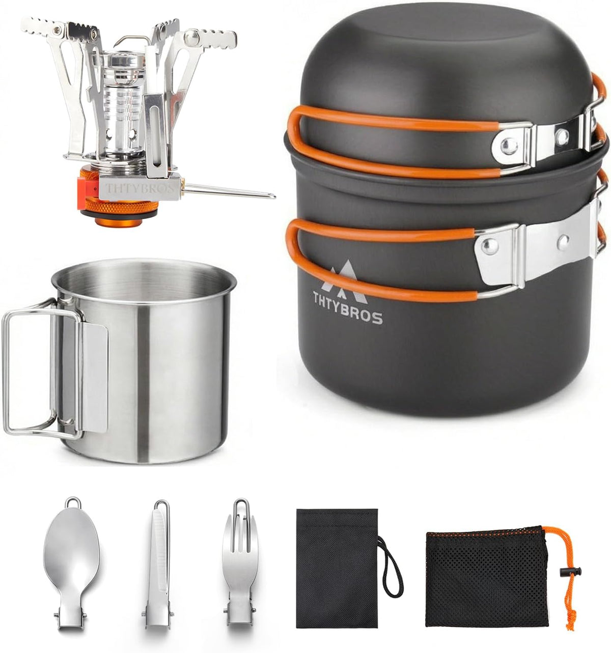 Juego de utensilios de cocina para acampar Backpacking, ollas de 0.33Gal y sartenes de 0.17Gal, taza SUS304 de 0.08Gal, tenedores, cuchillos y cucharas para senderismo, camping, cocina al aire libre, picnic, camping en solitario