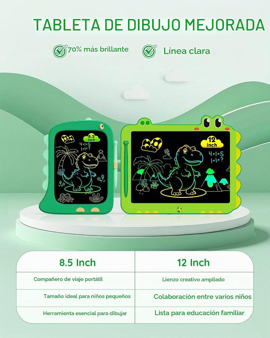 Tableta LCD de 12 pulgadas para garabatear, tableta, almohadilla de dibujo de dinosaurio verde para niños de 3 a 6 años, regalos de Navidad y cumpleaños