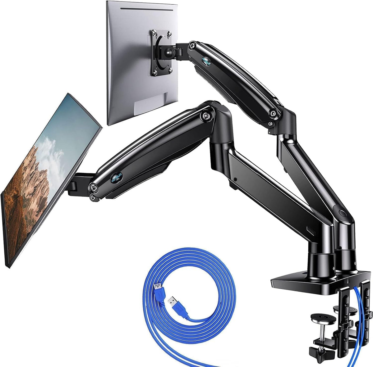HUANUO Soporte de monitor doble para 13 a 40 pulgadas, soporte de monitor doble premium con USB, soporte de monitor de altura ajustable para 2 monitores, montaje VESA con base de abrazadera/ojal, soporta 26.4 libras por brazo, HNDS7