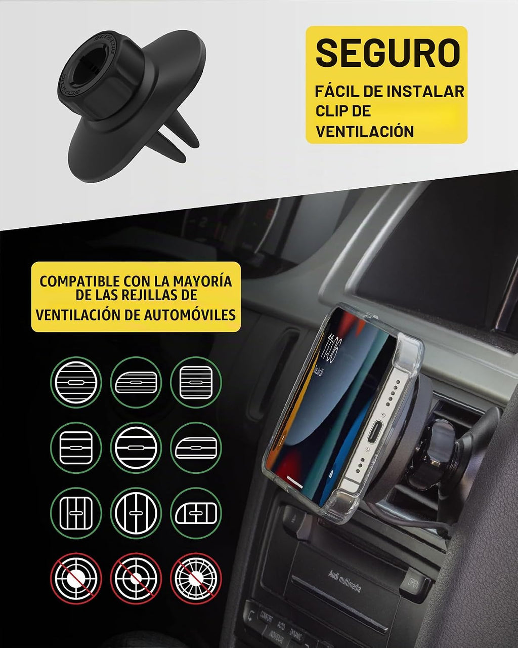 Scosche Qi2 Cargador magnético inalámbrico MagSafe para coche, soporte de 15 W con ventosa magnética para parabrisas/salpicadero con clip de ventilación y cargador de coche USB-C rápido compatible con