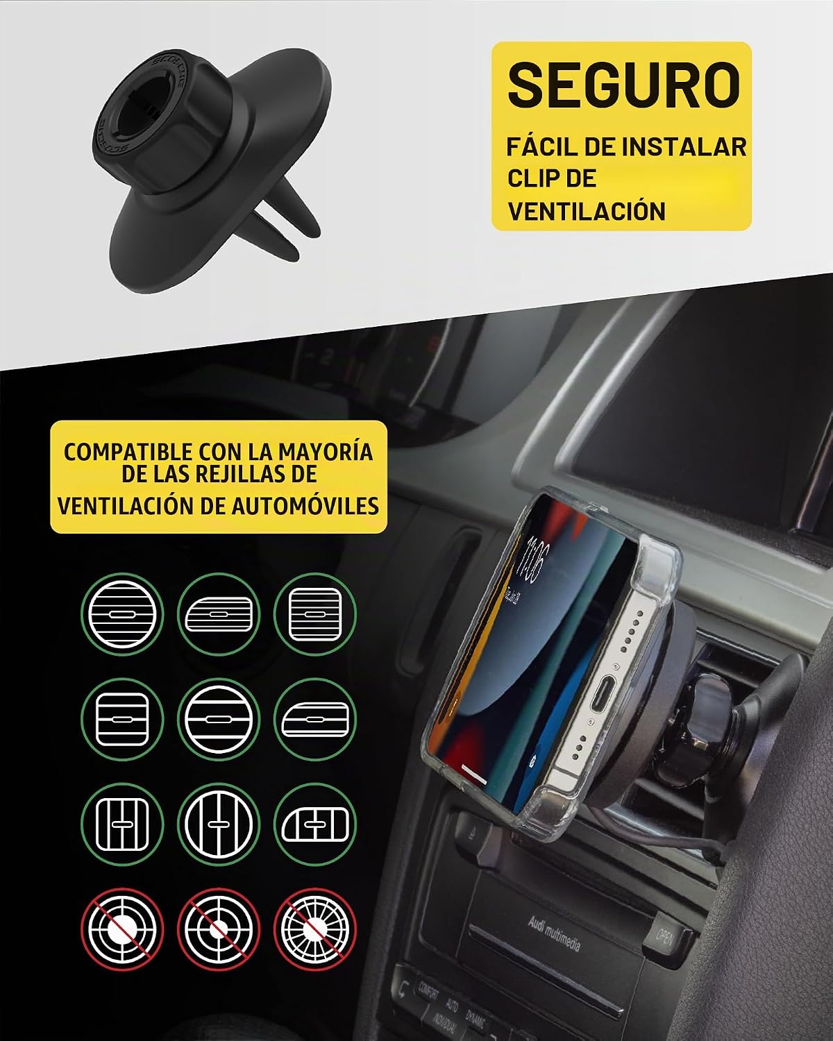 Scosche Qi2 Cargador magnético inalámbrico MagSafe para coche, soporte de 15 W con ventosa magnética para parabrisas/salpicadero con clip de ventilación y cargador de coche USB-C rápido compatible con