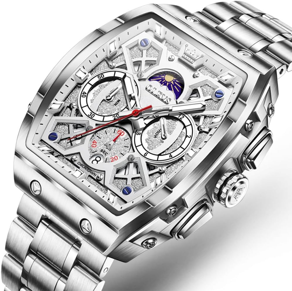 OLEVS Relojes para Hombre Multifuncionales de Negocios, Estilo Cuadrado, Acero Inoxidable, Resistente al Agua, Luz Luminosa, Lujo Casual, Pulsera para Hombre