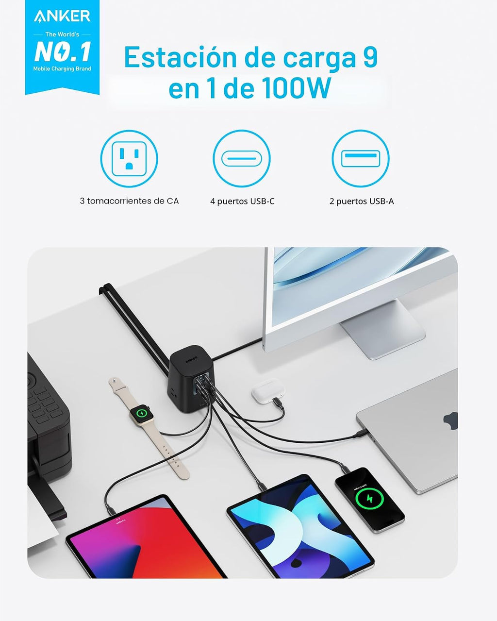 Anker Cargador de Escritorio, regleta 9-en-1 con protector contra sobretensiones de 300J, 100W