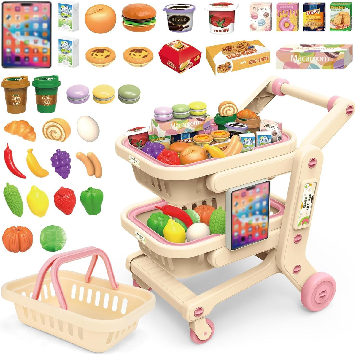 deAO Carro de compras para niños Carro de compras juguete de juego con 2