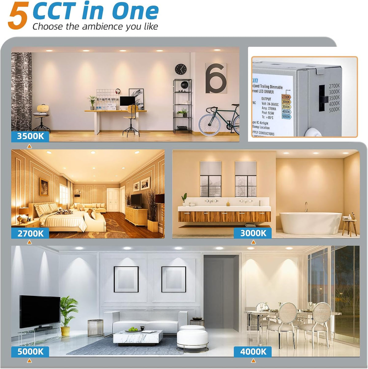 Lámpara VOLISUN 48 paquete de luces empotrables de 6 pulgadas, 5CCT, luz LED ultradelgada con caja de conexiones, 2700K-5000K seleccionable, luz de techo de 1080 lúmenes regulable sin lata, luz LED de techo