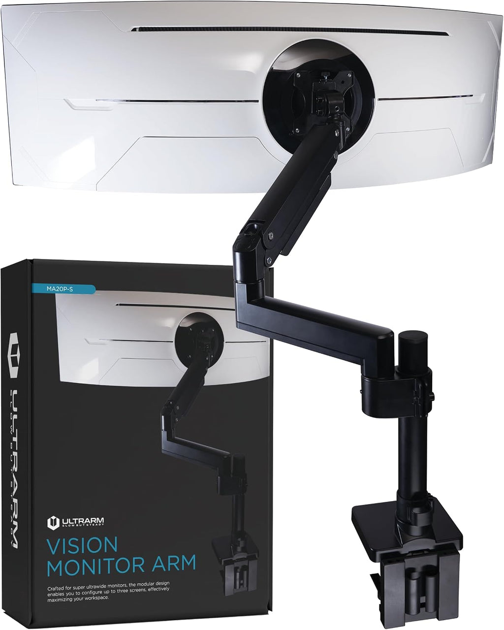 ULTRARM Brazo de monitor de servicio pesado para monitores ultraanchos de hasta 57" y 44 libras, soporte de escritorio individual, altura ajustable neumática, brazos de extensión modulares - VESA