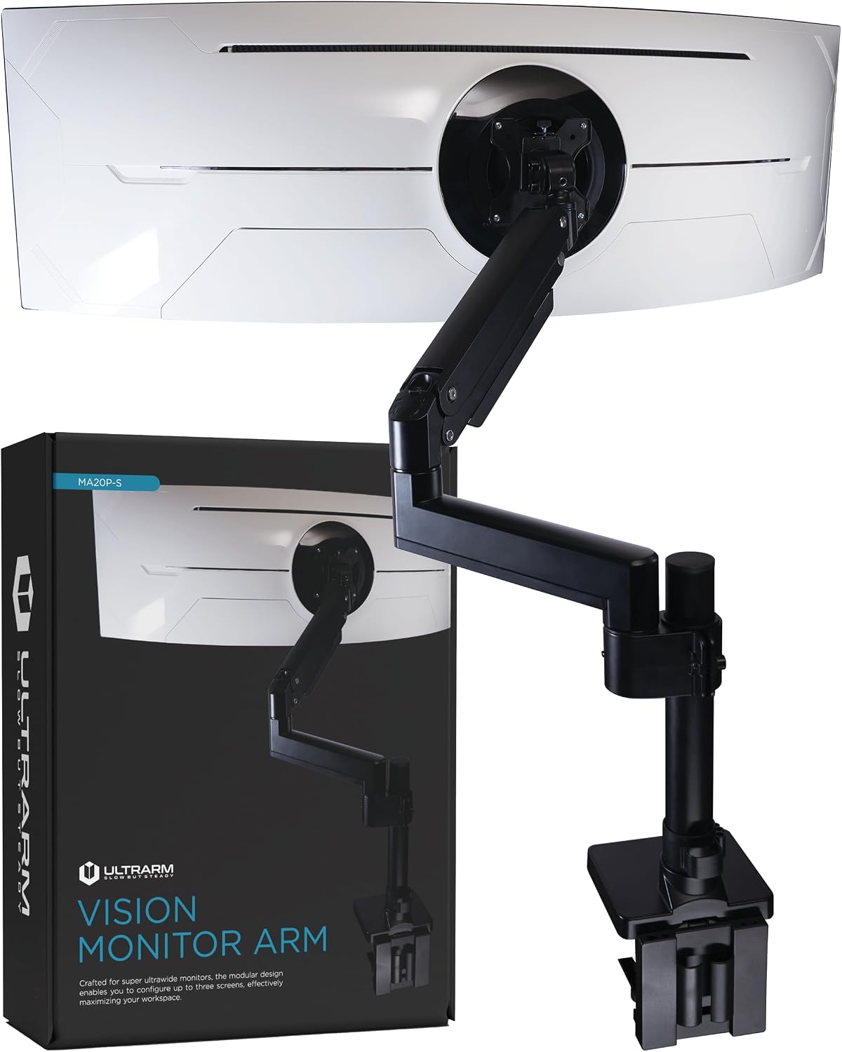 ULTRARM Brazo de monitor de servicio pesado para monitores ultraanchos de hasta 57" y 44 libras, soporte de escritorio individual, altura ajustable neumática, brazos de extensión modulares - VESA