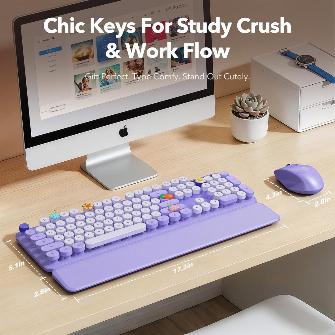 Wireless Keyboard and Mouse Combo, Round Keycaps, Full-Size Retro T...