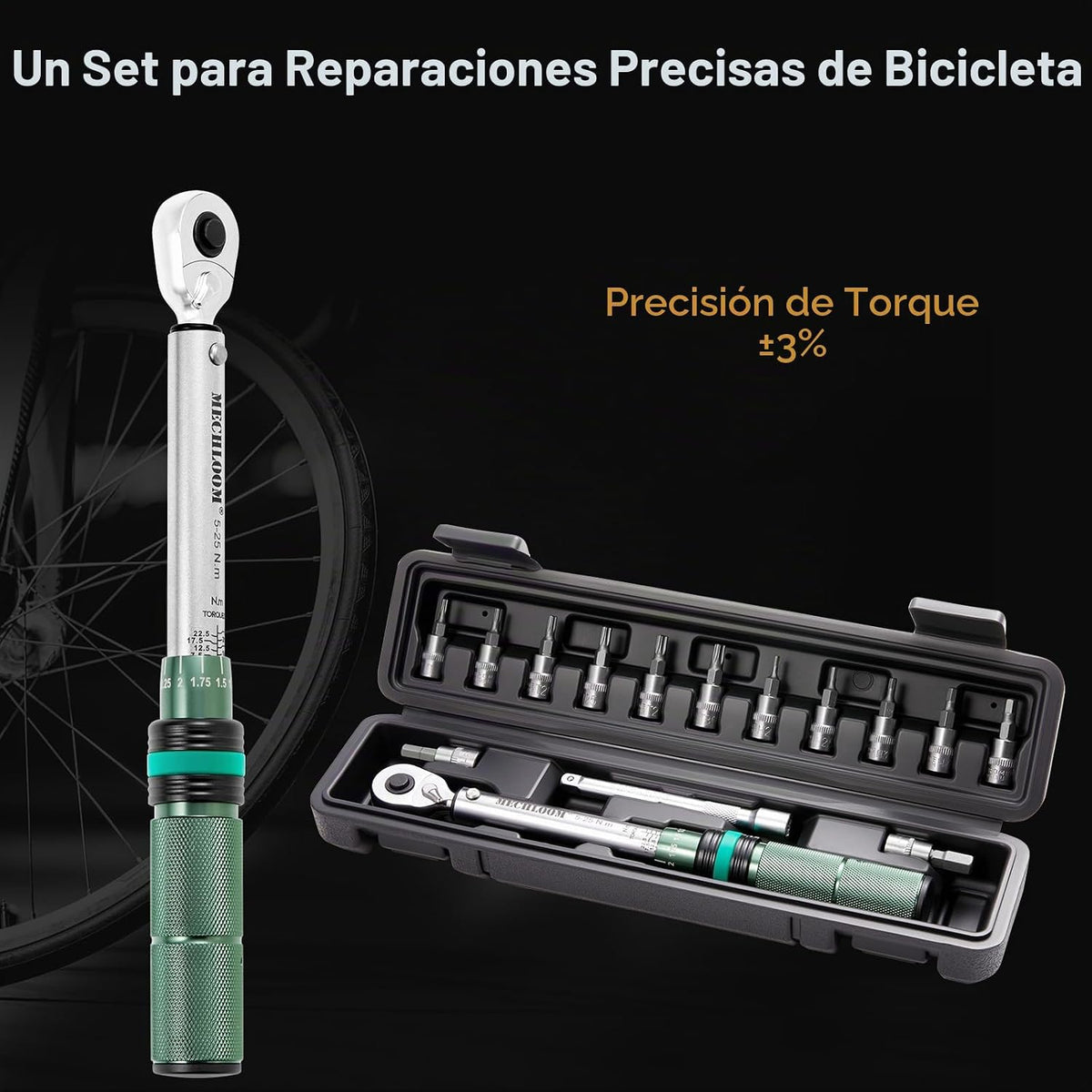Juego de llaves dinamométricas para bicicleta, 1/4 pulgadas, 5–25