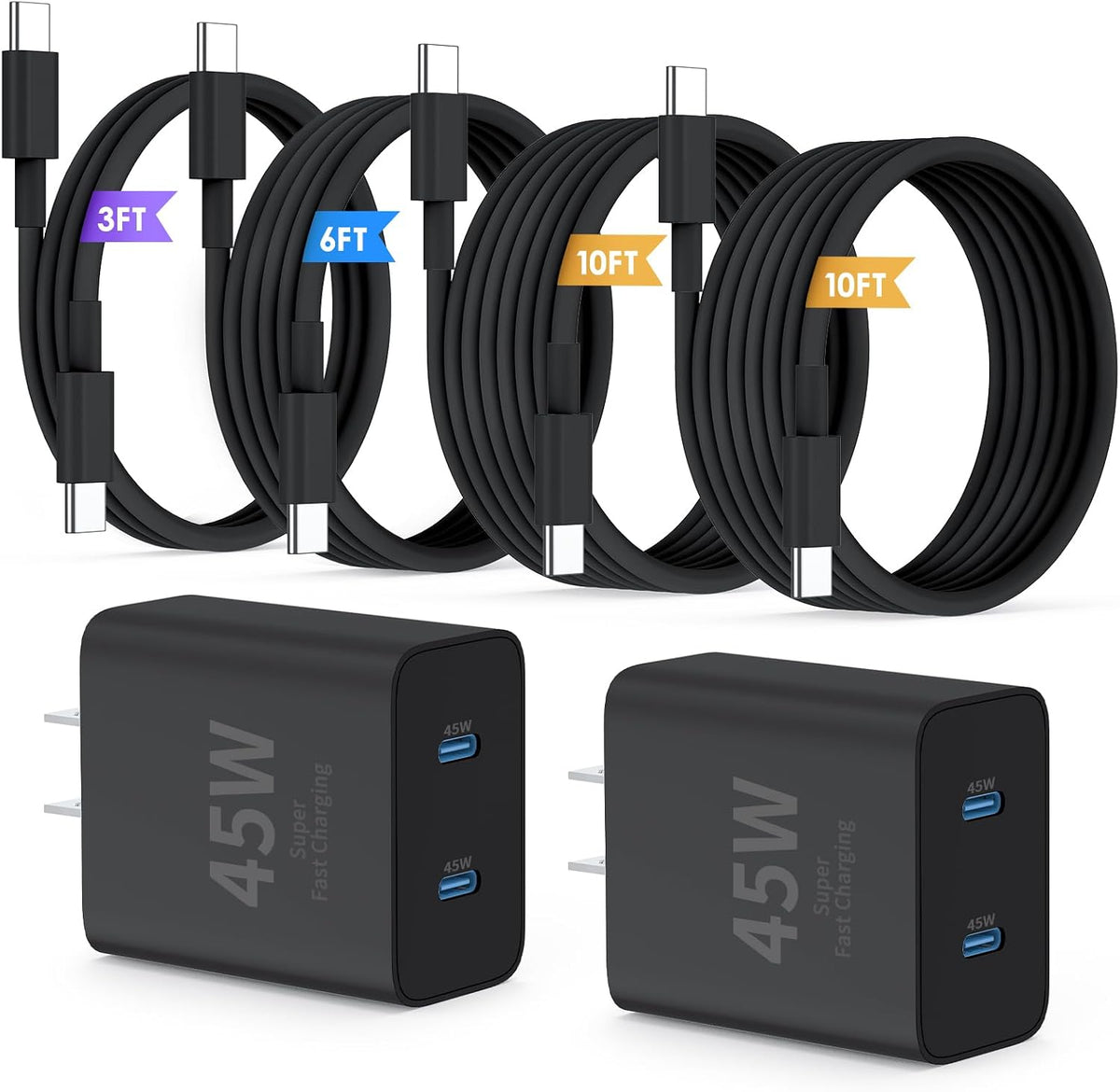 QZIIW Cargador súper rápido Samsung tipo C, bloque de carga rápida USB C de 45 W de doble puerto [paquete de 2] y cable USB C extra largo de 60 W de 3/6/10/10 pies - carga rápida PD 3.0 para Samsung