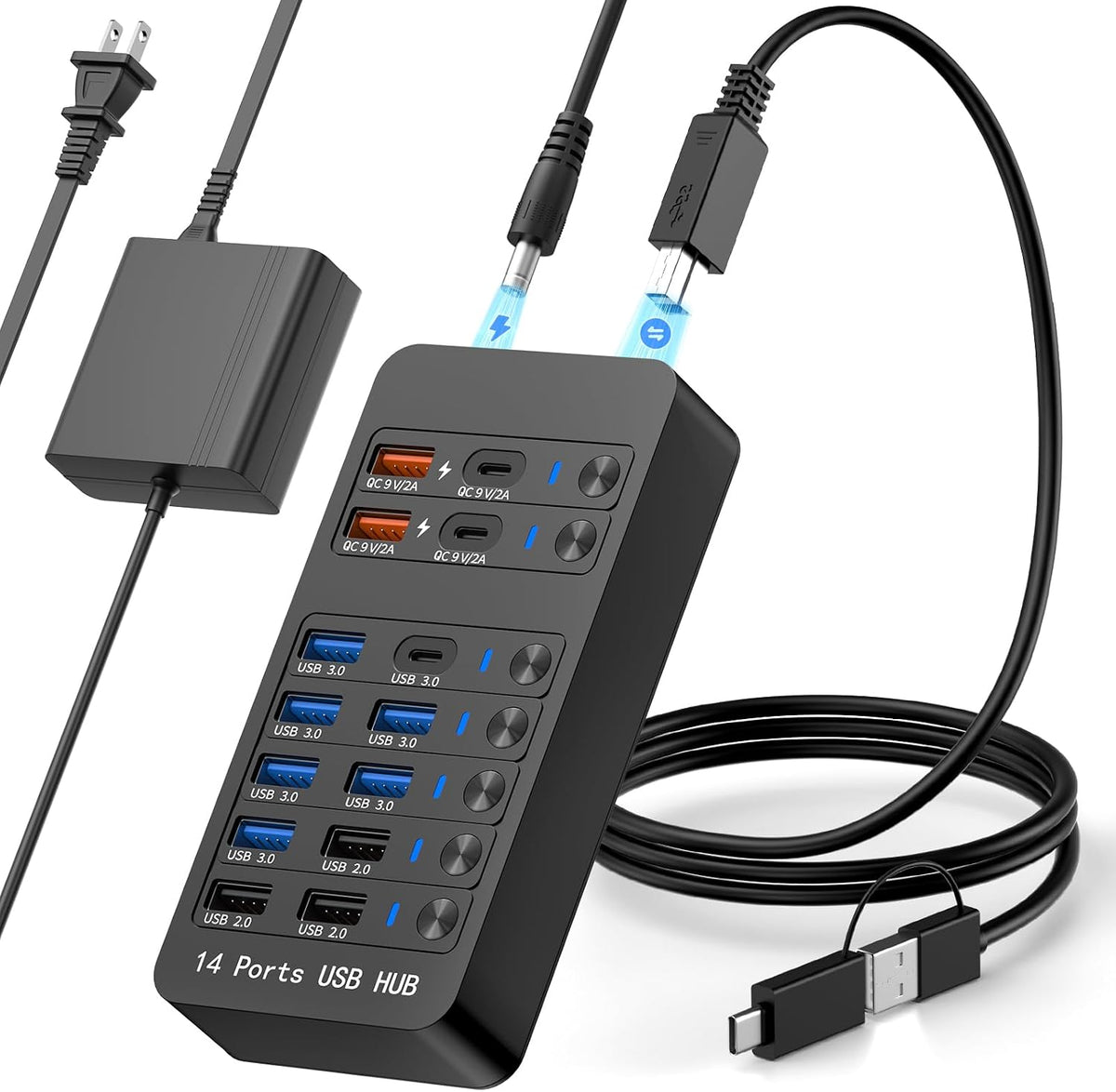 Zeroffi, J655-2402500D, hub USB 3.0 de 14 puertos, alimentado, adaptador 9V/2A