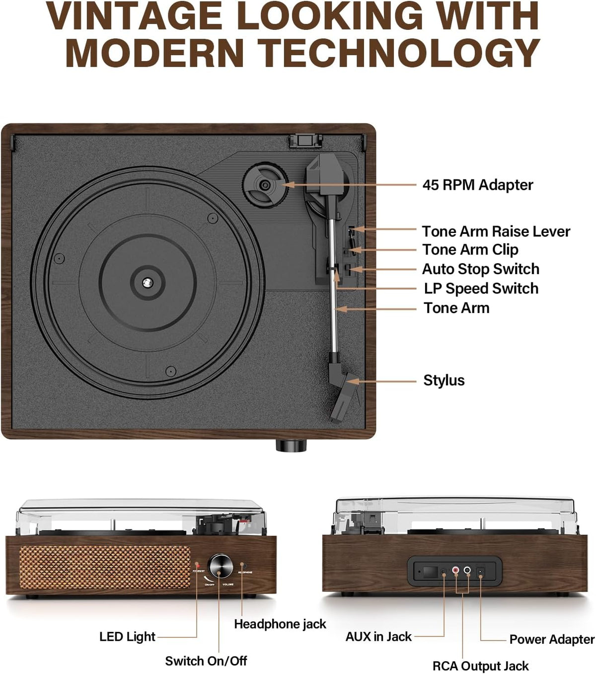 Reproductor de discos de vinilo Bluetooth, tocadiscos de 3 velocidades con altavoces estéreo, reproductor de grabación de fonógrafo vintage, con salida de línea RCA AUX en conector de auriculares, café y madera