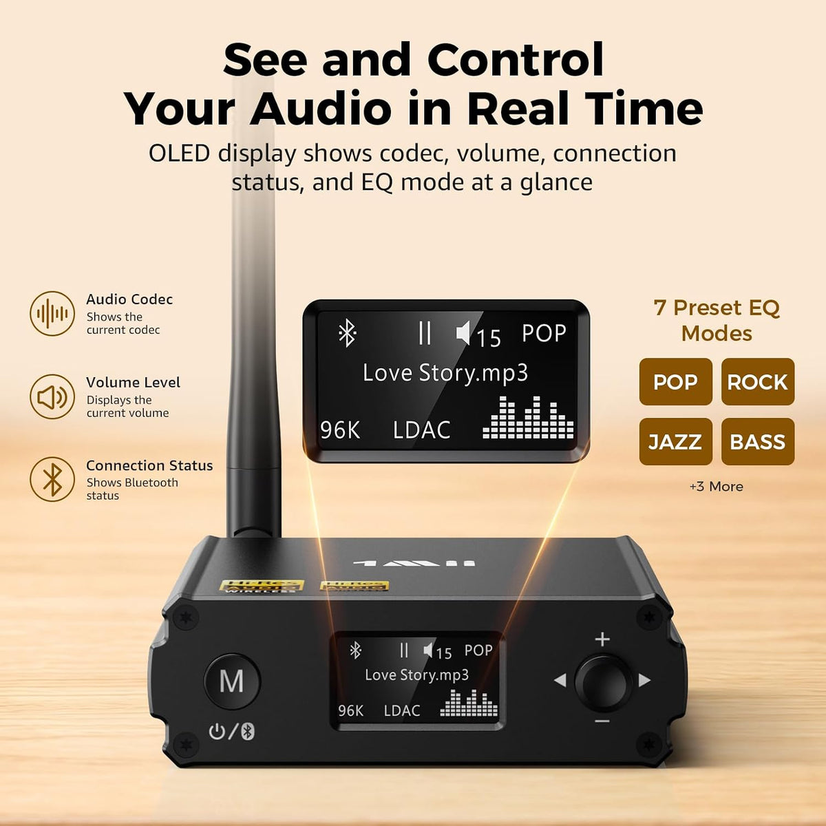 1Mii Receptor Bluetooth DS220 para estéreo doméstico, LDAC de alta resolución y adaptador de audio de alta fidelidad aptX HD con DAC audiófilo, salidas ópticas/RCA para sistema estéreo, amplificador