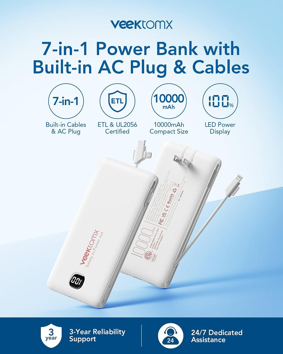 VEEKTOMX Cargador portátil con cables integrados 10000 mAh, banco d...
