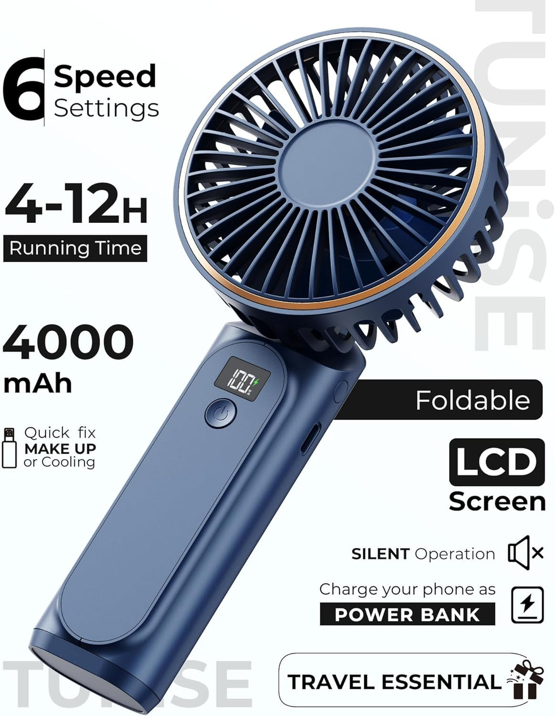 TUNISE Ventilador de Mano Portátil, Ventilador Portátil Recargable,...