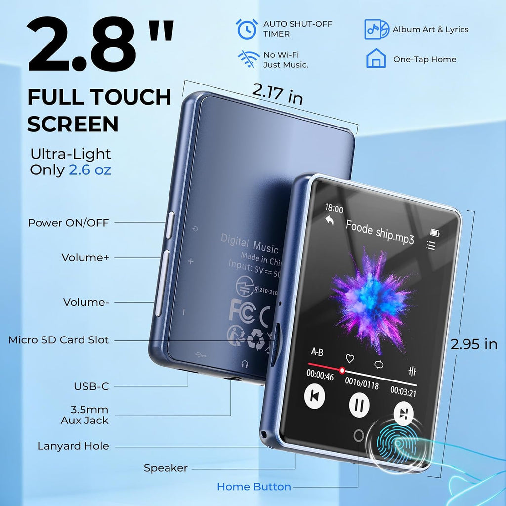 RUIZU Reproductor MP3 de 32GB con Bluetooth 5.3, pantalla táctil de 2.8" y altavoz