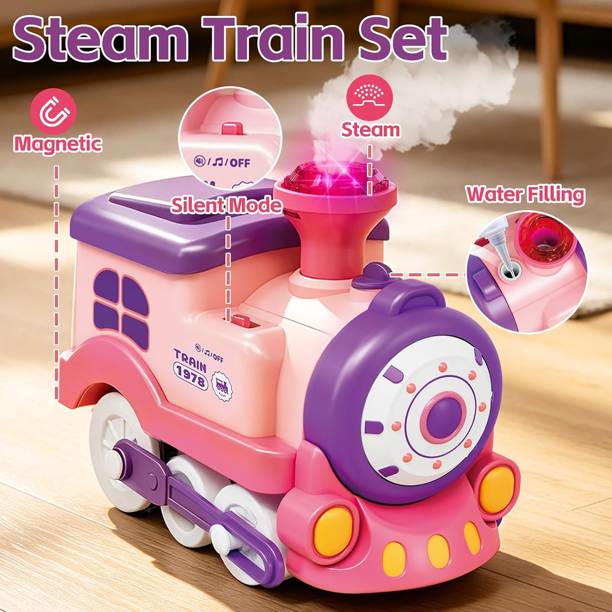 Juego de tren eléctrico para niñas con vapor, música y luces
