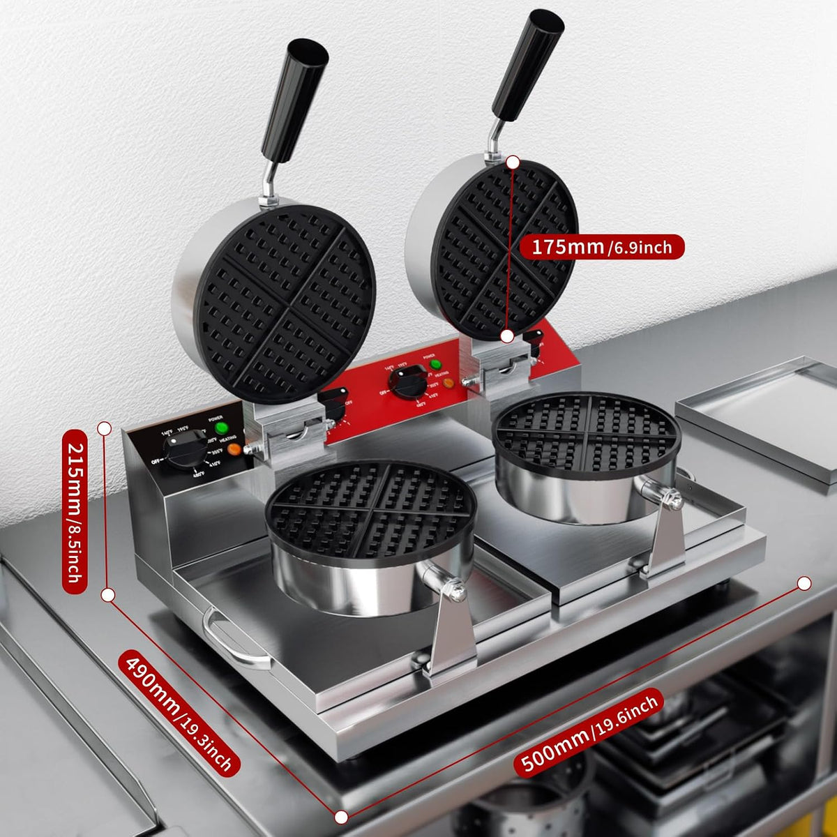 CROSSON Máquina comercial de doble gofre, máquina profesional de doble cabeza redonda de gofres belga antiadherente con control de temperatura y tiempo para cocina del hogar, restaurante, panaderías