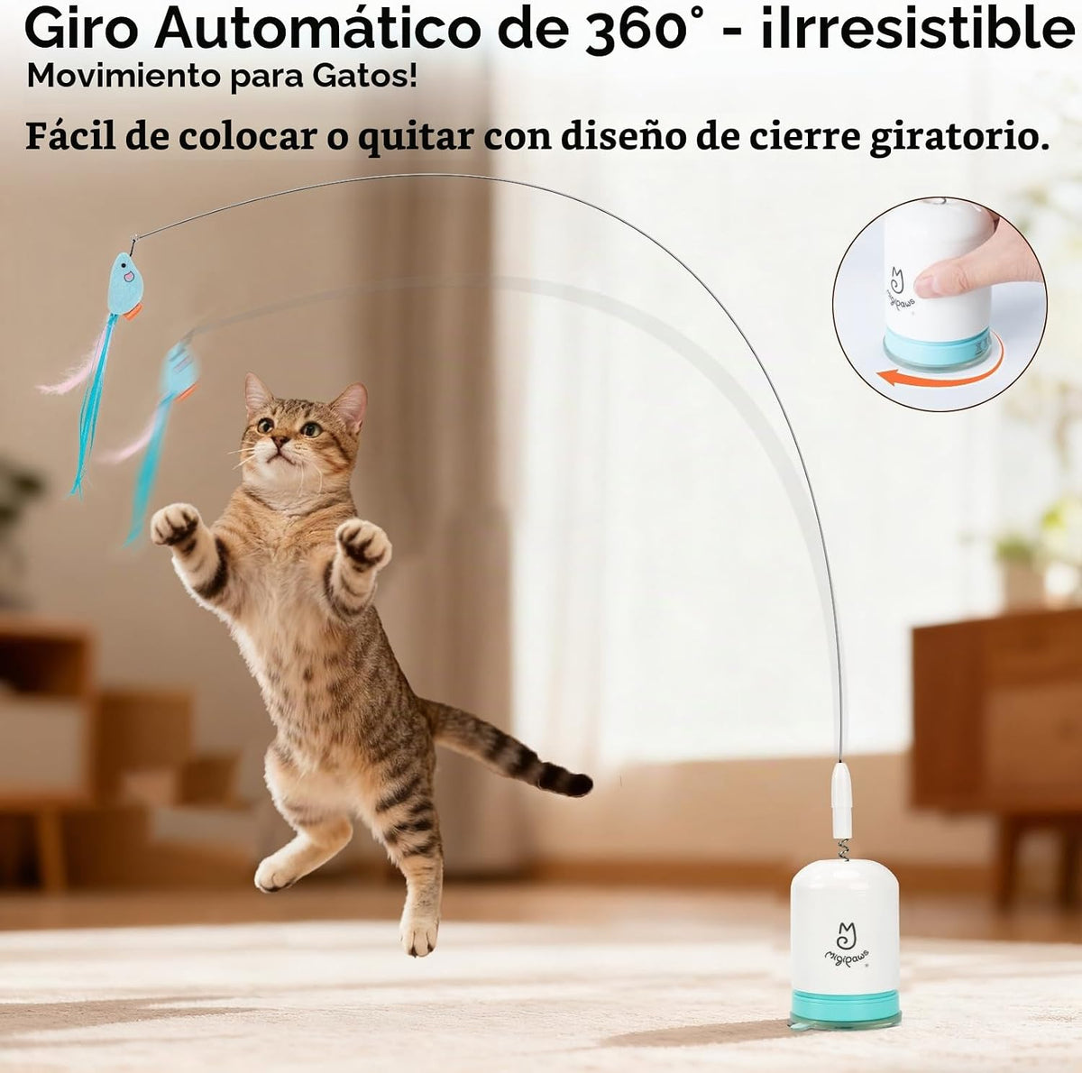 Migipaws Juguete automático interactivo para gatos con ventosa fuerte, alambre flexible de 27.6 in y diseño de doblez de bricolaje, juguete de ejercicio recargable para gatos con temporizador automático para gatos de interior (blanco)