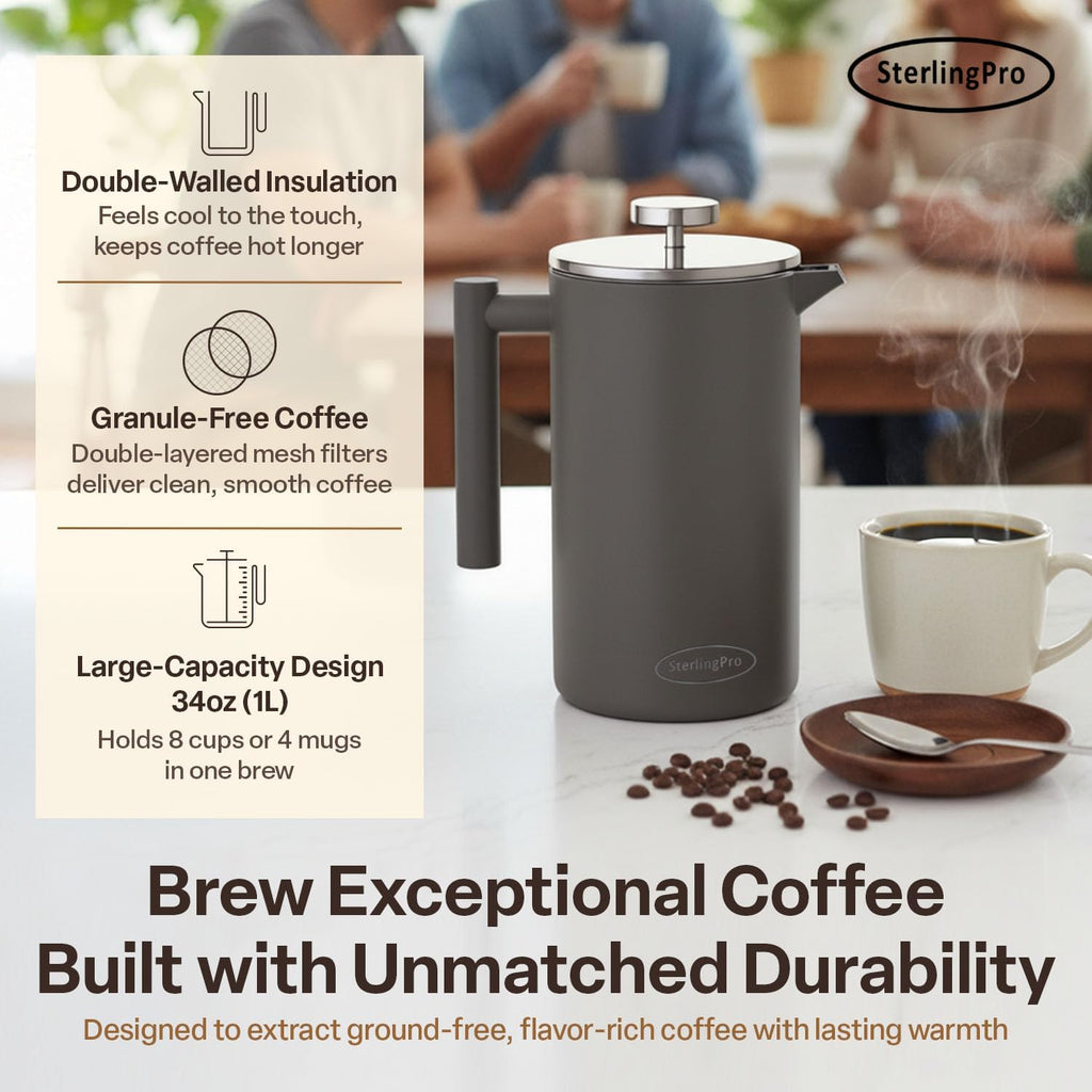 SterlingPro Cafetera de prensa francesa de acero inoxidable con aislamiento no tóxico, 34 onzas, cafetera de doble pared de metal aislada, sin plástico, tacto frío, acabado gris, hace hasta 8 tazas