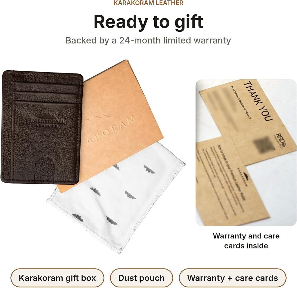 KARAKORAM LEATHER Porta Tarjetas de Crédito para Hombres y Mujeres – Cartera Slim para Bolsillo Frontal con Bloqueo RFID, Hecha a Mano en Piel de Vaca de Primera, Capacidad para 8 Tarjetas + Efectivo, Ranuras de Acceso Rápido, Caja de Regalo (Mountain