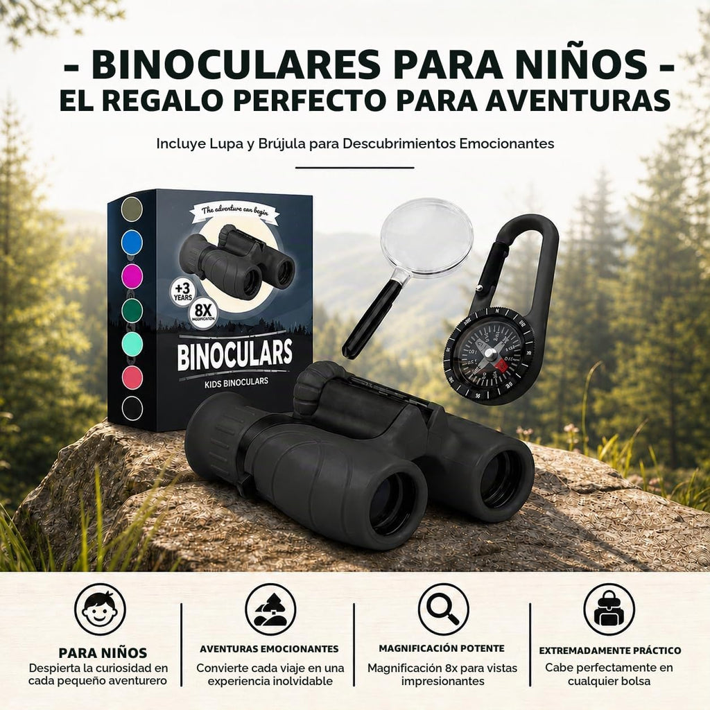 Binoculares para niños – Juguete perfecto para niños pequeños y niñas – Juego extenso que incluye lupa y brújula – Potente aumento 8 x 21 – niños de 3 a 12 años para niños pequeños
