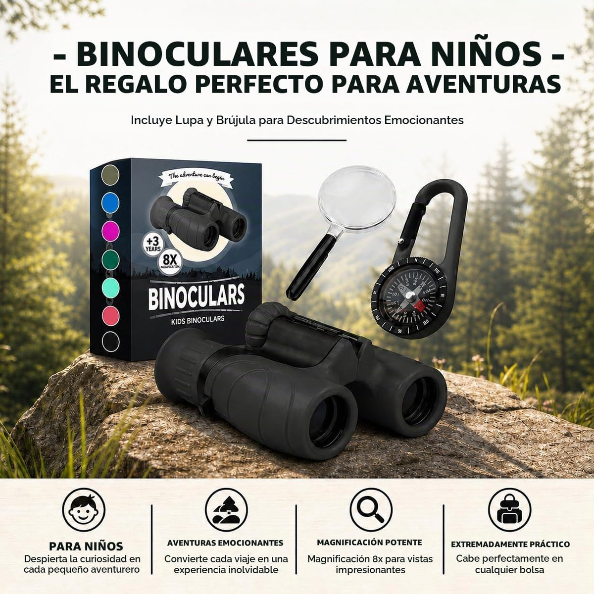 Binoculares para niños – Juguete perfecto para niños pequeños y niñas – Juego extenso que incluye lupa y brújula – Potente aumento 8 x 21 – niños de 3 a 12 años para niños pequeños