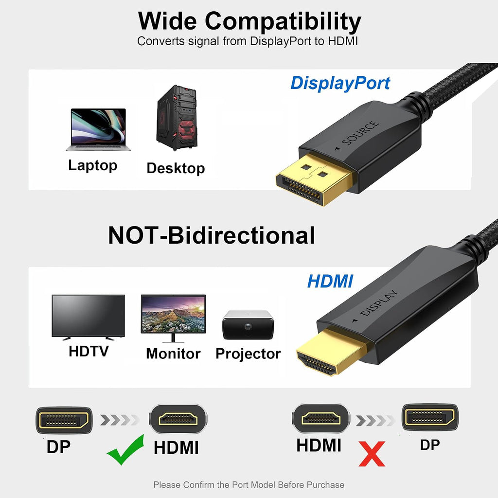 Cable DisplayPort HDMI, paquete de 10 unidades, 6 pies, 4K macho macho