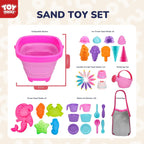 TOY Life 41 piezas de juguetes de playa para niños de 4 a 8 años, juguetes de arena plegables para niños pequeños con cubo de silicona, palas y kit de construcción de castillos de arena, juguete de